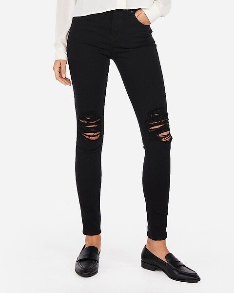 high waisted black ripped jean leggings | Express