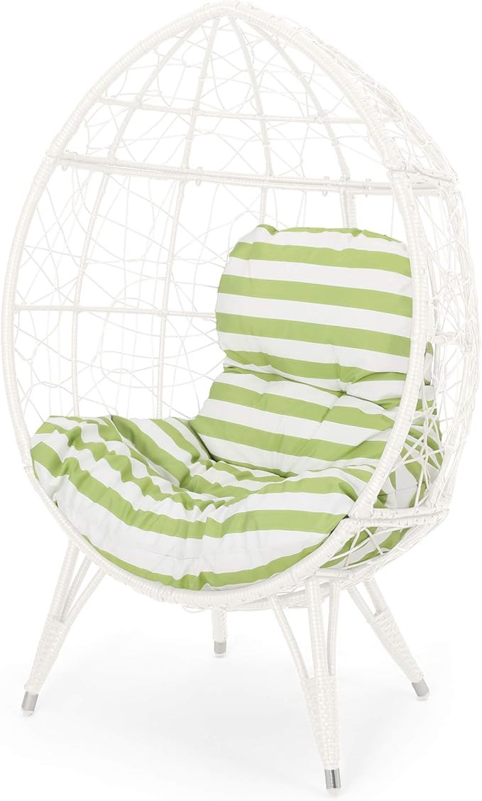 Cara Indoor Wicker Teardrop Chair with Cushion, White and Green | Amazon (US)
