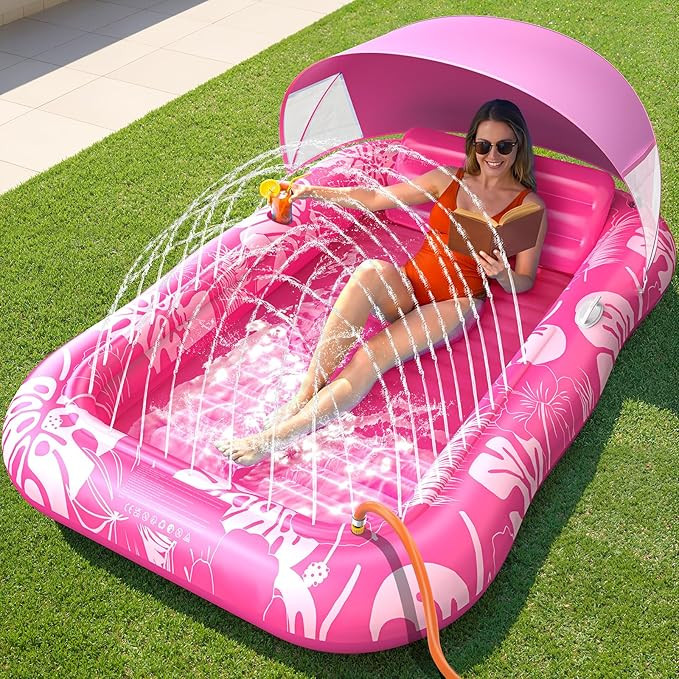 Inflatable Tanning Pool Lounger Float with Sprinkler & Canopy UPF50+, 77" x 48" Extra Large Tanni... | Amazon (US)