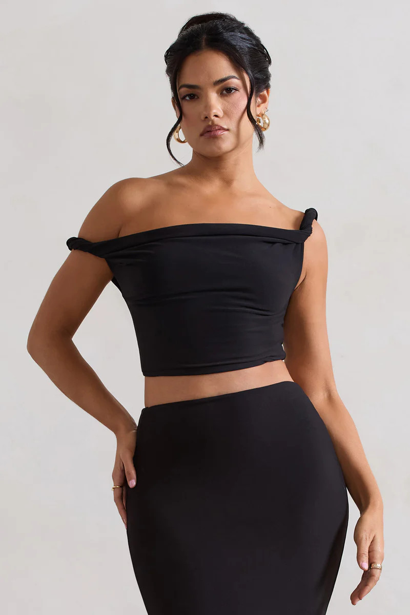 Sami | Black Twisted Asymmetric Crop Top | Club L London