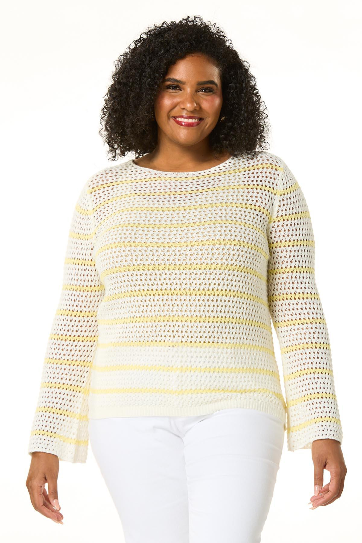 Plus Size Classic Yellow Stripe Open Knit Sweater | Cato Fashions