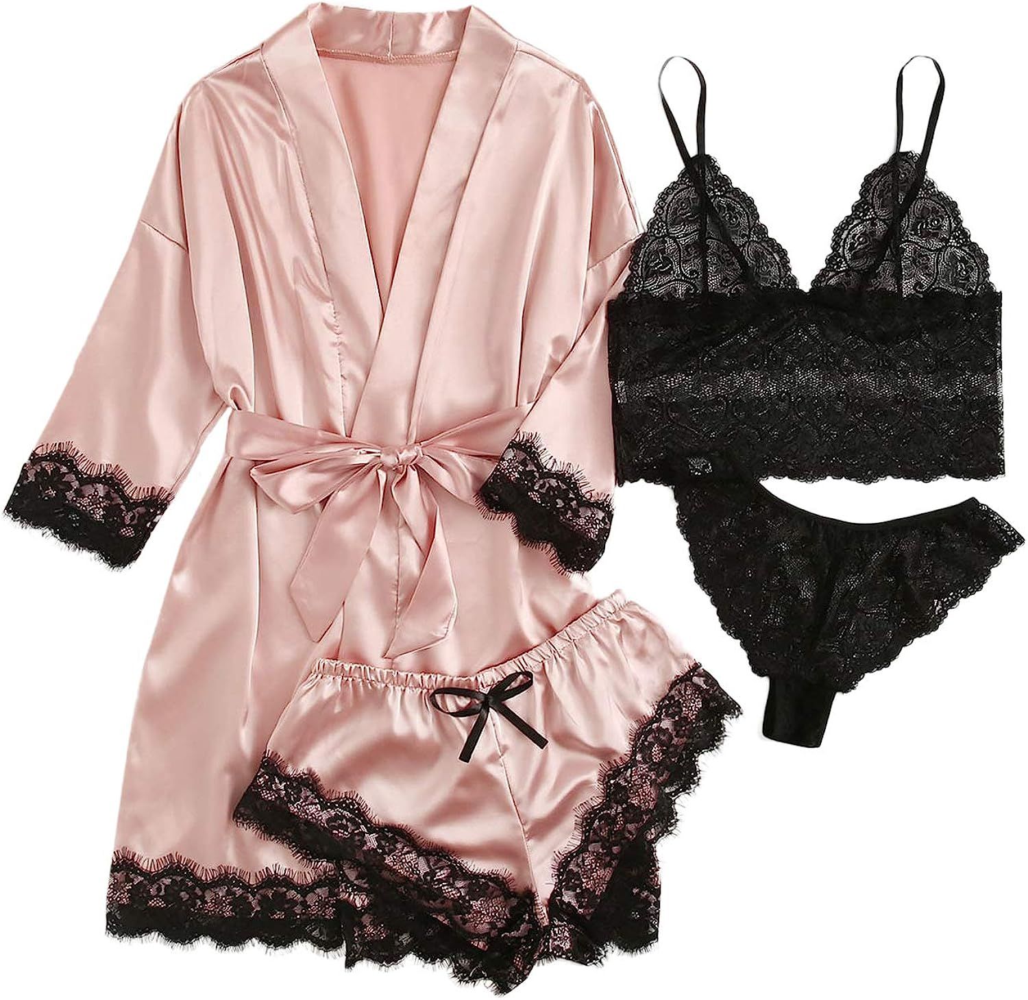 SOLY HUX Women's Sleepwear 4pcs Floral Lace Trim Satin Cami Pajama Set with Robe | Amazon (US)