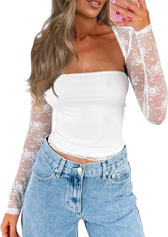 Women's Floral Lace Long Sleeve Square Neck Crop Top T Shirt Strapless Tube Top and Bolero Set | Amazon (US)