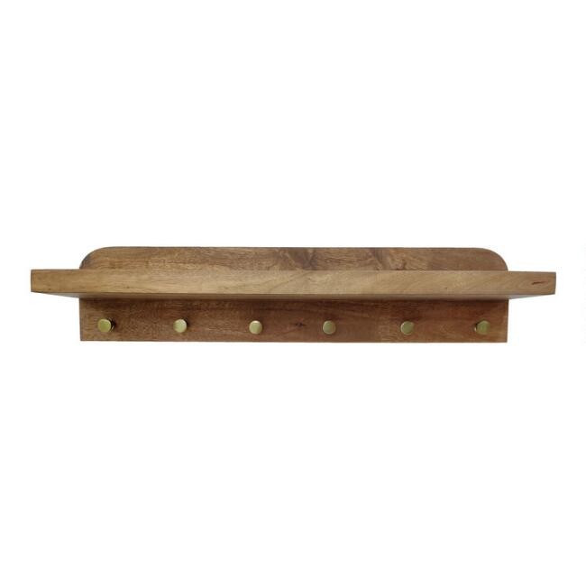 Wood Skylar Wall Shelf With Hooks | World Market