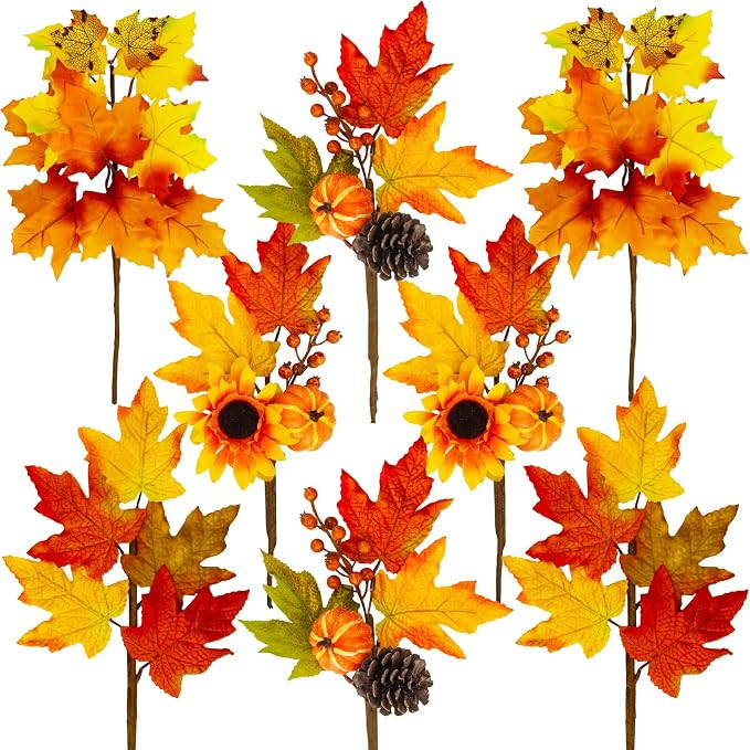 Winlyn 8 Pcs Assorted Artificial Maple Leaf Branches Faux Fall Picks and Sprays with Pumpkins Sun... | Amazon (US)