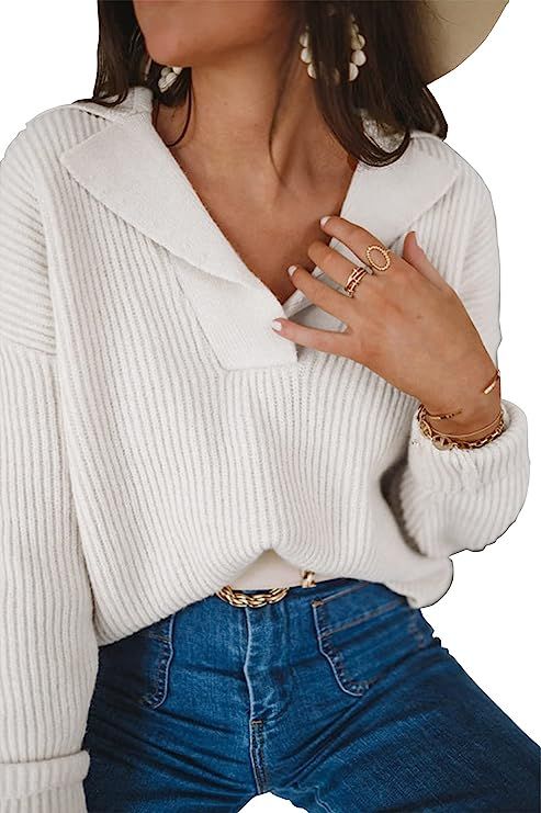 BTFBM Women Long Sleeve V Neck Fashion Sweater Solid Color Ribbed Knit Foldover Collar Pullover C... | Amazon (US)