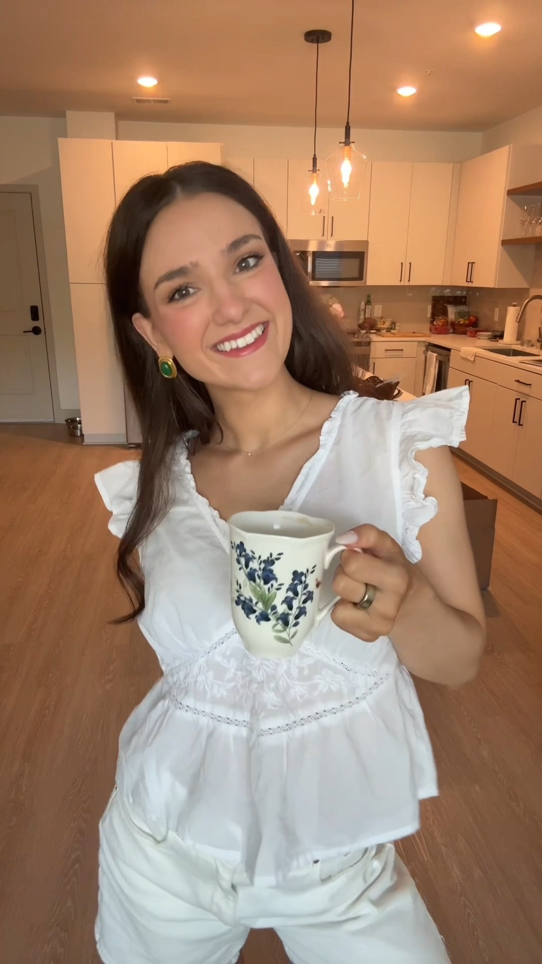 loving an all white outfit for summer rn 🤍🧺 

living this cotton flutter sleeve Doen dupe paired with these classic high waisted white denim shorts. Also how cute is this Lenox floral mug?!

#LTKootd #LTKvlog