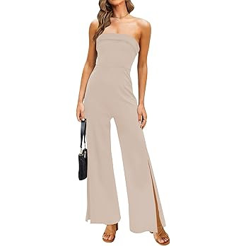 ZESICA Women's Strapless Jumpsuit Casual Off Shoulder High Waist Wide Leg Side Slit Long Romper P... | Amazon (US)