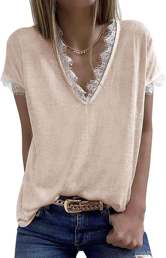 Womens V Neck Lace Tank Tops Summer Short Sleeve Loose Casual Shirts | Amazon (US)