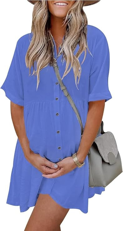 PYGFEMR Women's Short Sleeve Babydoll Dress Button Down Dresses with Pockets | Amazon (US)