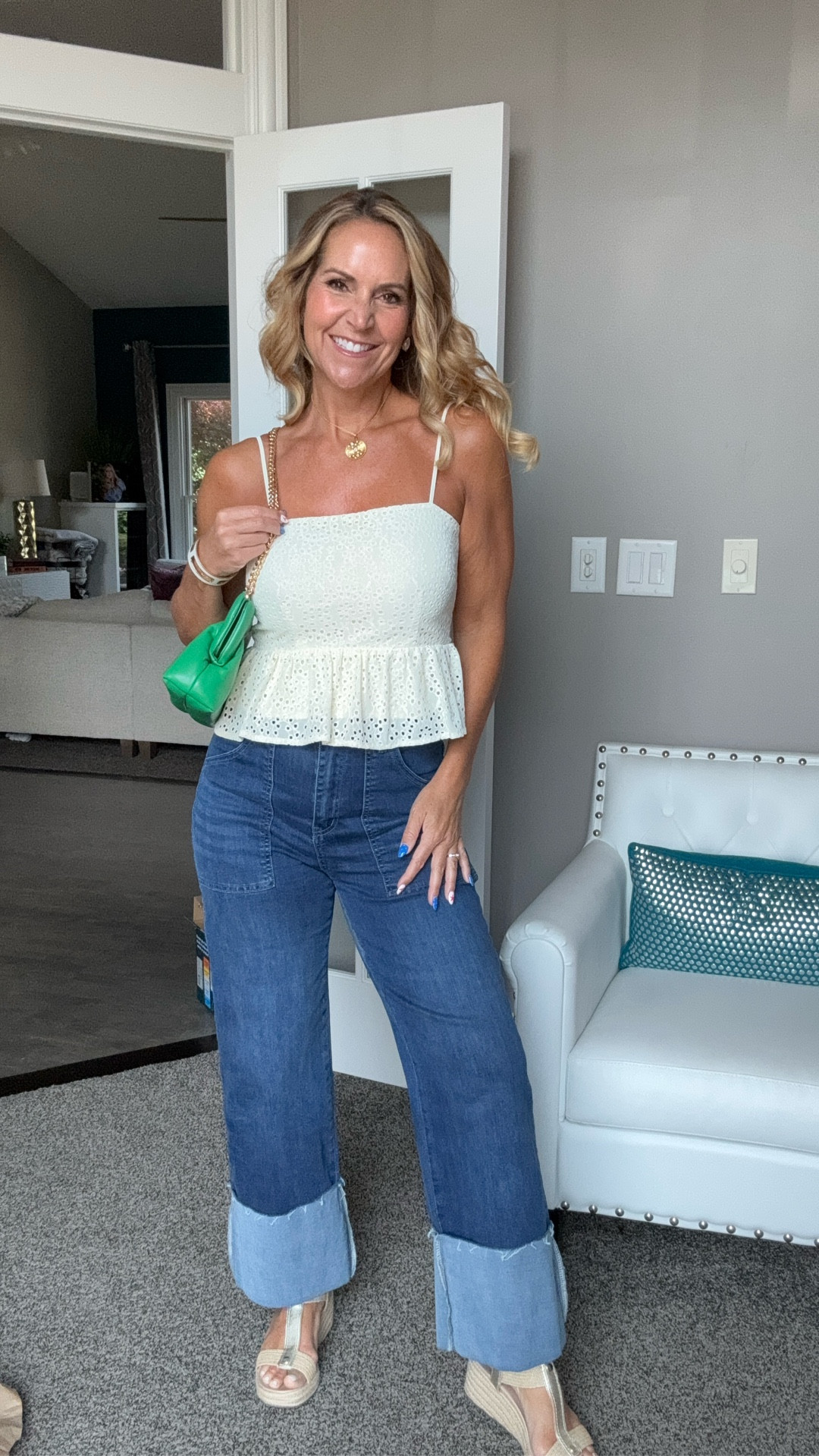 This Target peplum can be styled so many ways! Here I’m pairing it with my favorite Amazon jeans and a pop of color with this green chain clutch bag. I’m wearing the top in a size small and the jeans and a size 4 definitely size down by one in the jeans. For my actual necklace go find me on Instagram. It’s in my jewelry highlights!💚
-
-
-
Summer outfit, summer style, peplum tops, cuffed jeans

#LTKStyleTip #LTKFindsUnder50 #LTKOver40