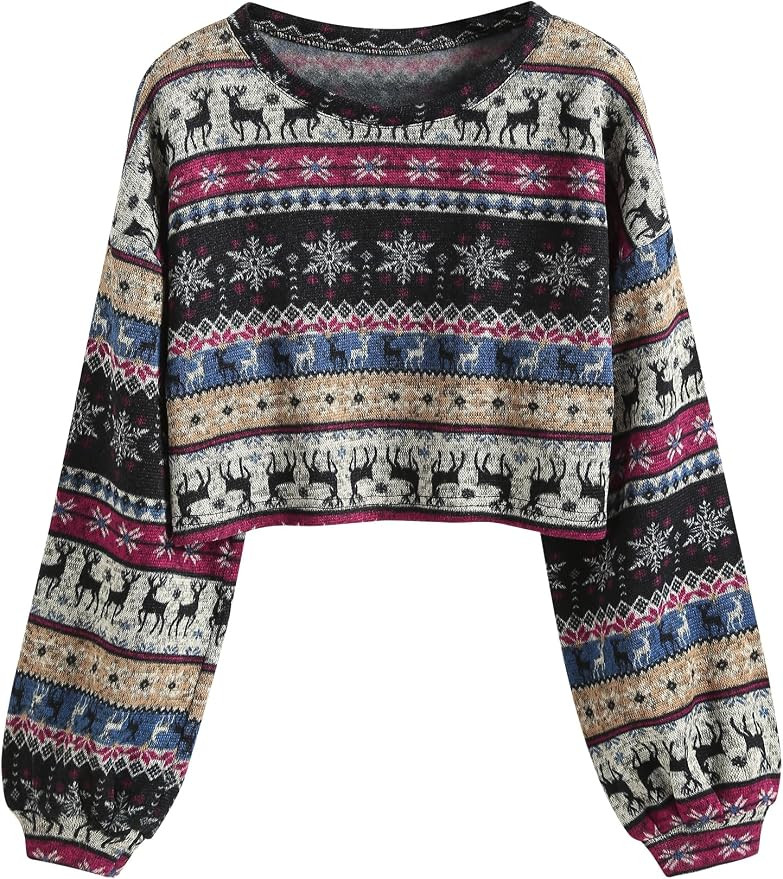 ZAFUL Women's Tribal Ethnic Graphic Cropped Knitwear Bohemian Long Sleeve Pullover Sweater Boho D... | Amazon (US)