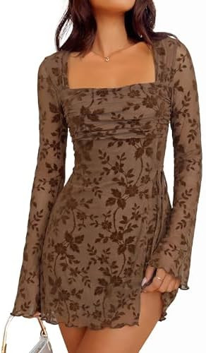 Caracilia Womens Fall Sexy Mesh Long Sleeve Mini Dress | Amazon (US)