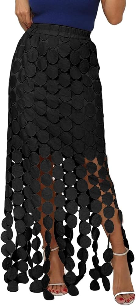 Yimoon Womens Hollow Out Maxi Skirts Boho Fringe Hem Long Skirt Tulle Elastic High Waist Tassel F... | Amazon (US)