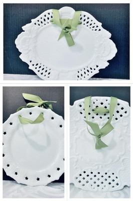 3 VNTG Two's Company White Porcelain Reticulated Decorative Plates Green Ribbon | eBay US