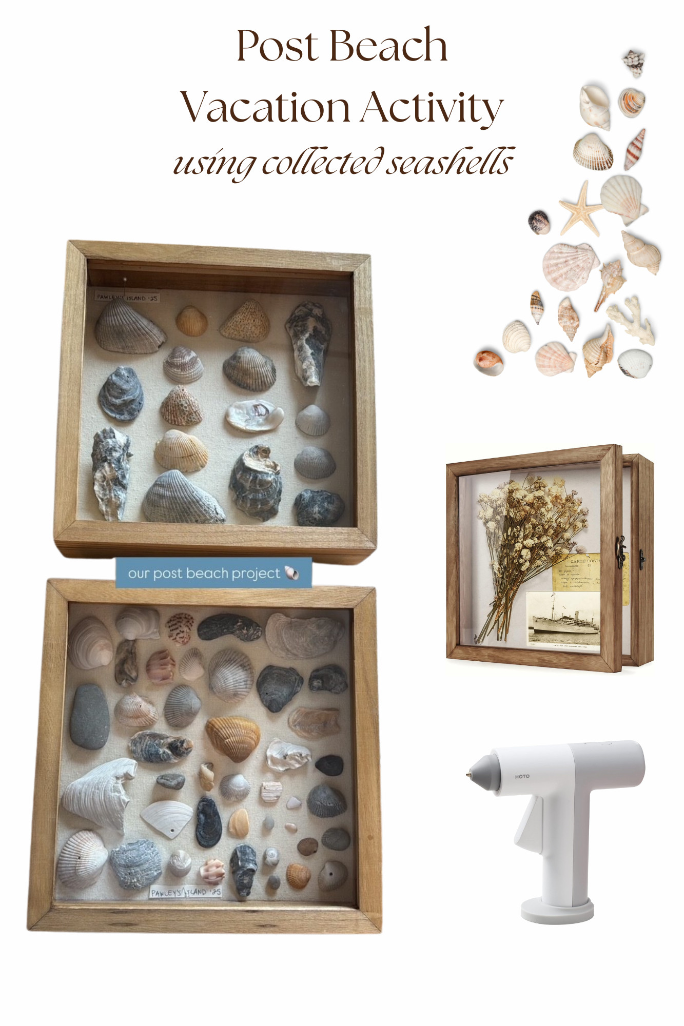 Post beach activity for all of those precious collected seashells.  Just get a simple shadowbox and hot glue your shells to the back.  I let both of my kids lay out their shells and then I hot glued them into place. 

Makes the perfect gift for any beach lover or coastal decorated home! 

 #LTKHome #LTKTravel #LTKFamily