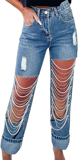 Hotheart Womens Sexy Ripped Distressed Destroyed Rhinestones Chain Party Clubwear Denim Pants Jea... | Amazon (US)