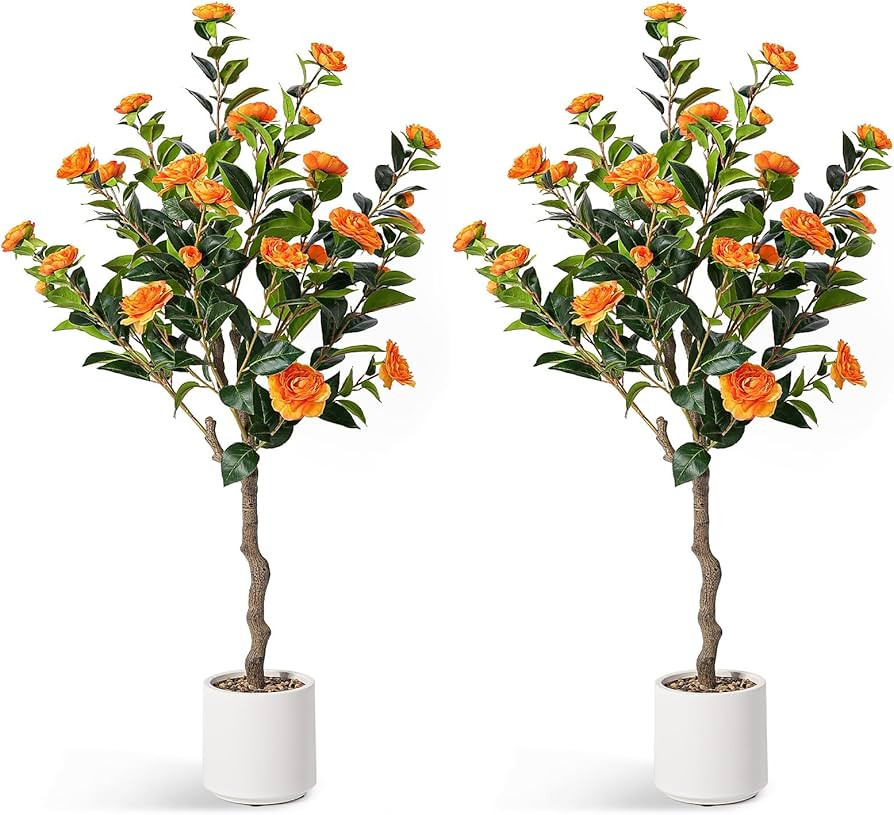 Artificial Camellia Tree, 2 Pack 4FT Fake Plant with Realistic Trunk, Leaves, Flowers, White Plan... | Amazon (US)