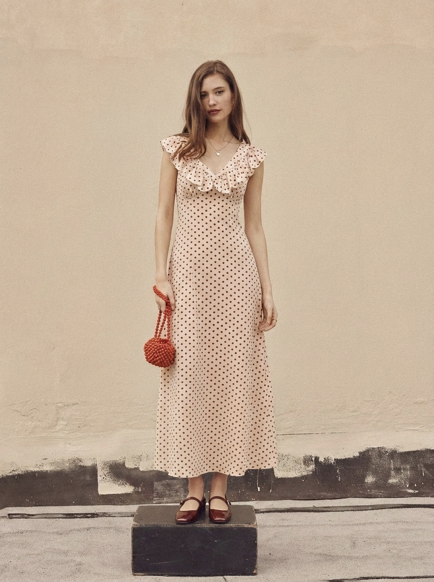 Woven V-Neck Polka Dot Ruffled Maxi Dress For Daily Casual Date | Cider