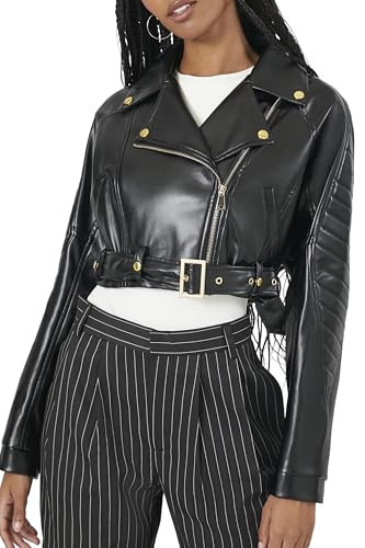 Forever 21 Women's Cropped Faux Leather Moto Jacket, Black | Amazon (US)