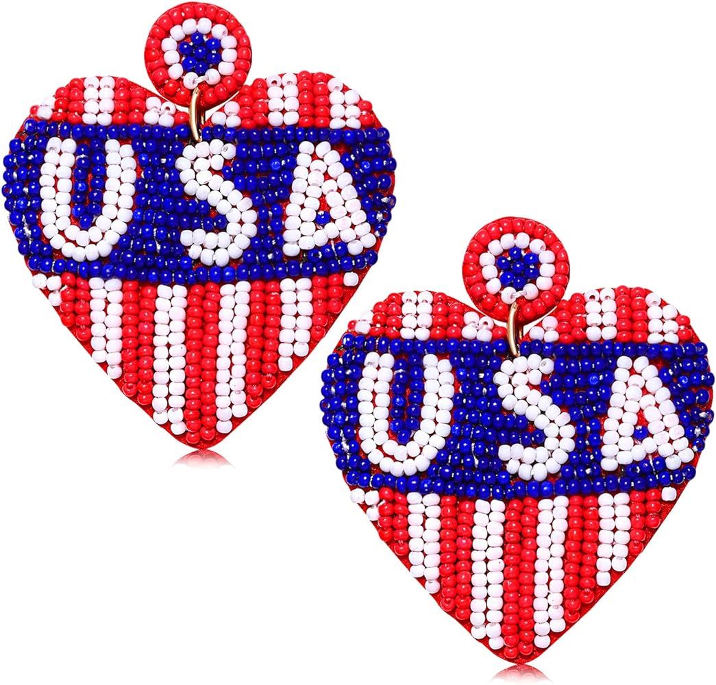 American Flag Earrings Beaded Ice-cream Heart Star Drop Dangle Earrings for Women Handmade 4th of... | Amazon (US)