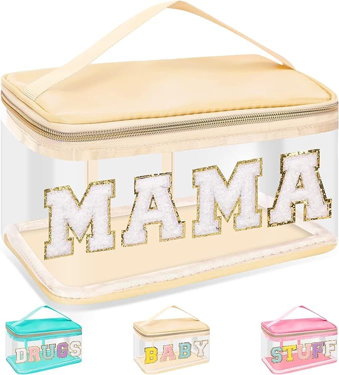 Chenille Letter Clear Makeup Bags Mama Pouch, Preppy Patch Makeup Bag Zipper with Handle, Transpa... | Amazon (US)