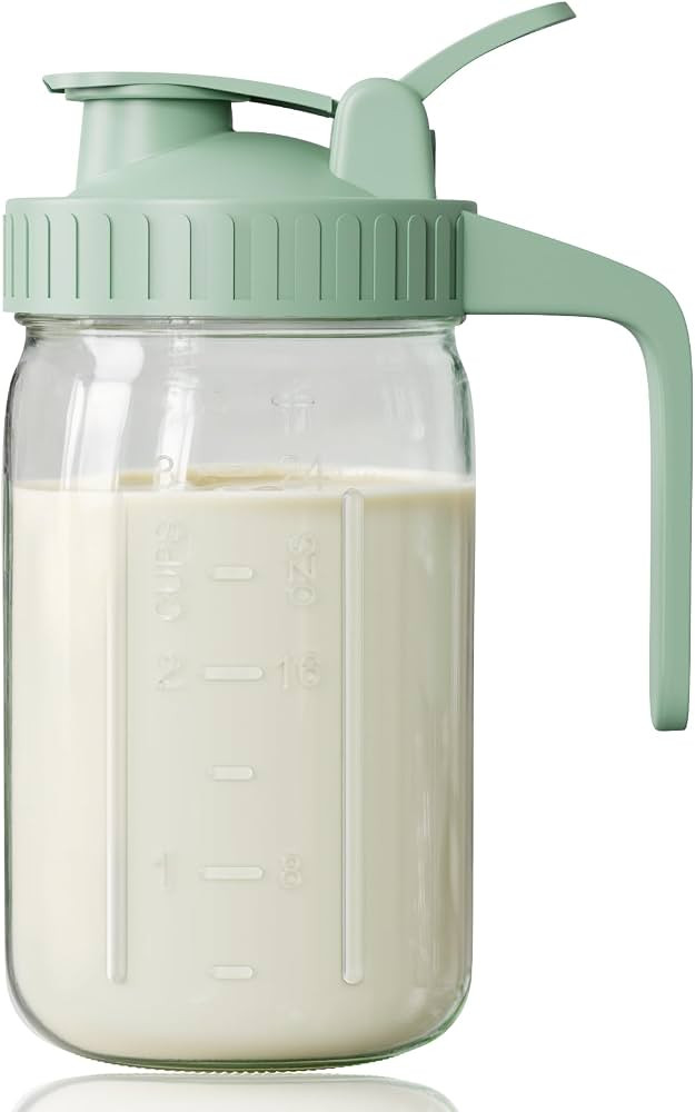 Breast Milk Pitcher, Mason Jar 32 oz, Heavy Duty Wide Mouth Jar with Green Flip Cap Lid and Pour ... | Amazon (US)