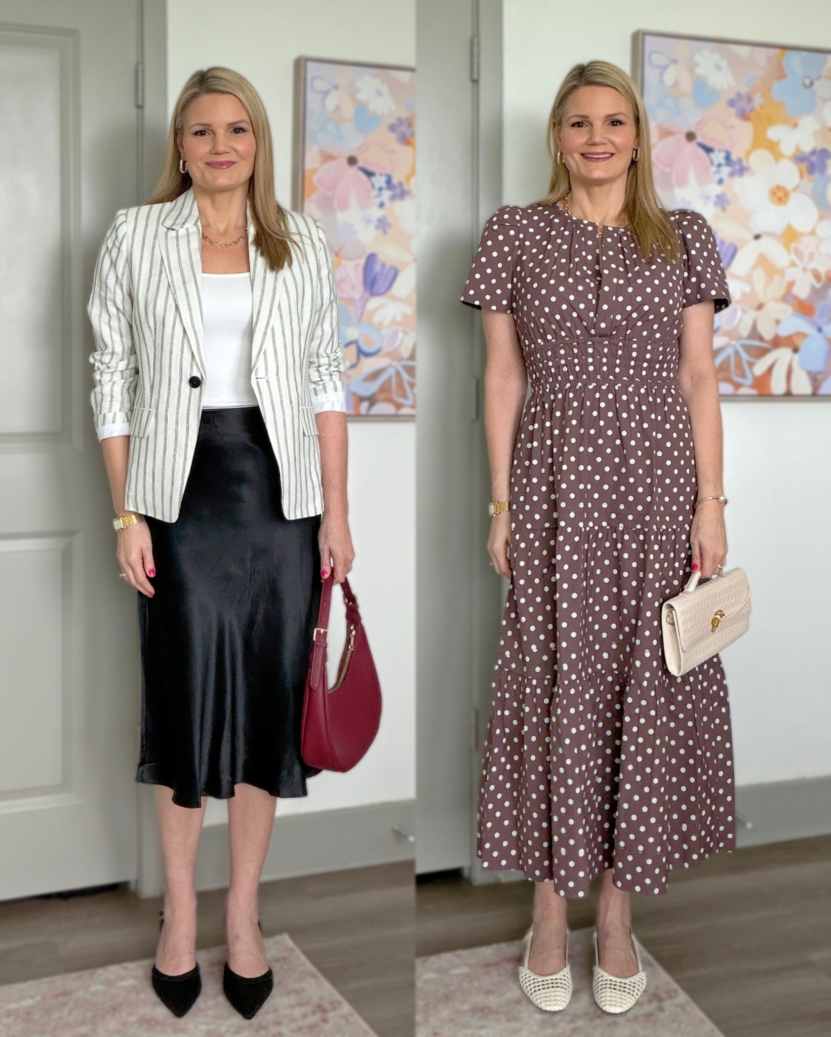 New from Quince! Linen striped blazer is perfect for summer office days (wearing size small). TTS. 
Washable silk midi skirt is super soft and comfy (wearing size small).
Polka dot maxi dress comes in a bunch of colors (wearing size small).

#LTKTall #LTKOver40 #LTKWorkwear