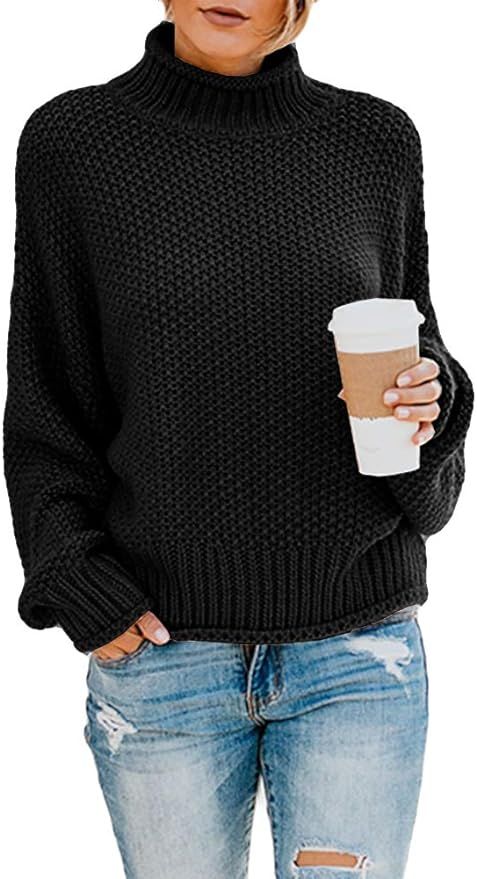 Ybenlow Womens Turtleneck Sweaters Batwing Long Sleeve Casual Loose Oversized Chunky Knit Pullove... | Amazon (US)