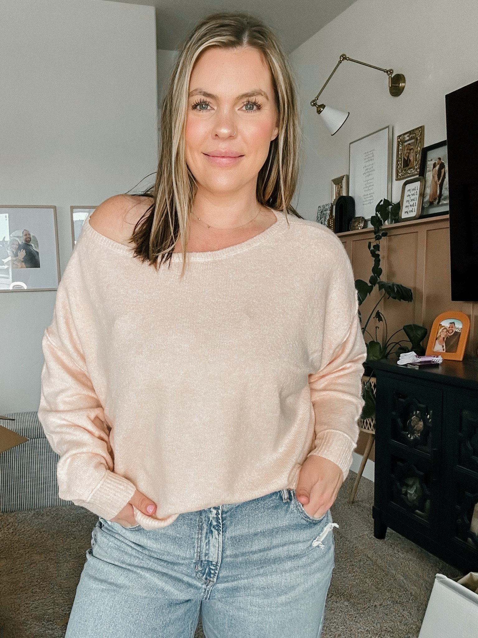 L sweater (sooo soft and stretchy)
Could size down