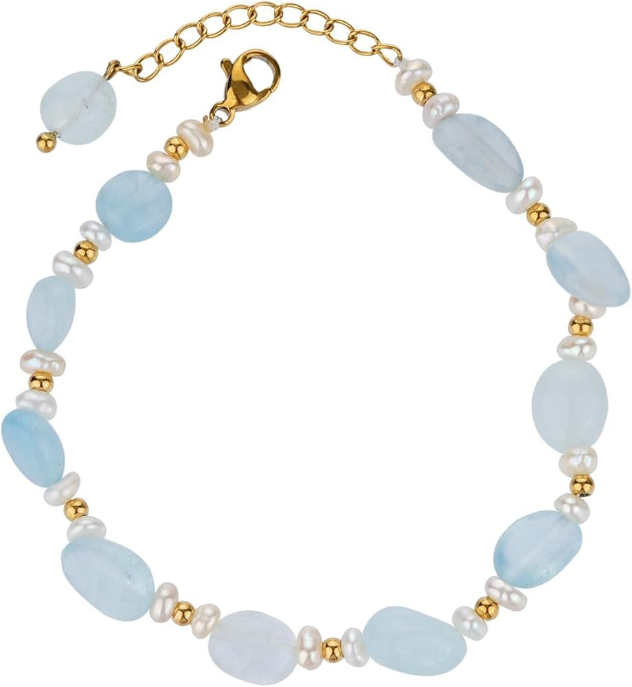 Natural Gemstone Beads Bracelets for Women 18k Gold Plated Handmade Stone Link Bracelet Turquoise... | Amazon (US)