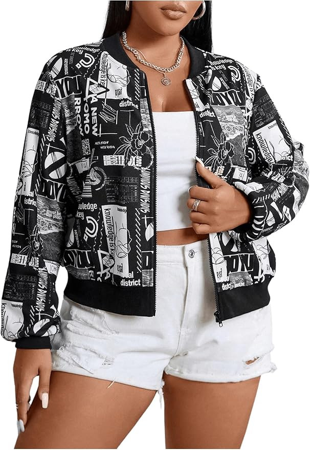 MakeMeChic Women's Plus Size Graphic Bomber Jacket Long Sleeve Zip Up Crop Baseball Jacket Coat | Amazon (US)