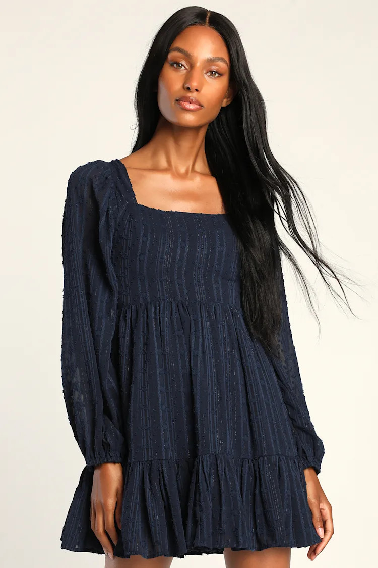 Only You and I Navy Blue Long Sleeve Tie-Back Mini Skater Dress | Lulus (US)