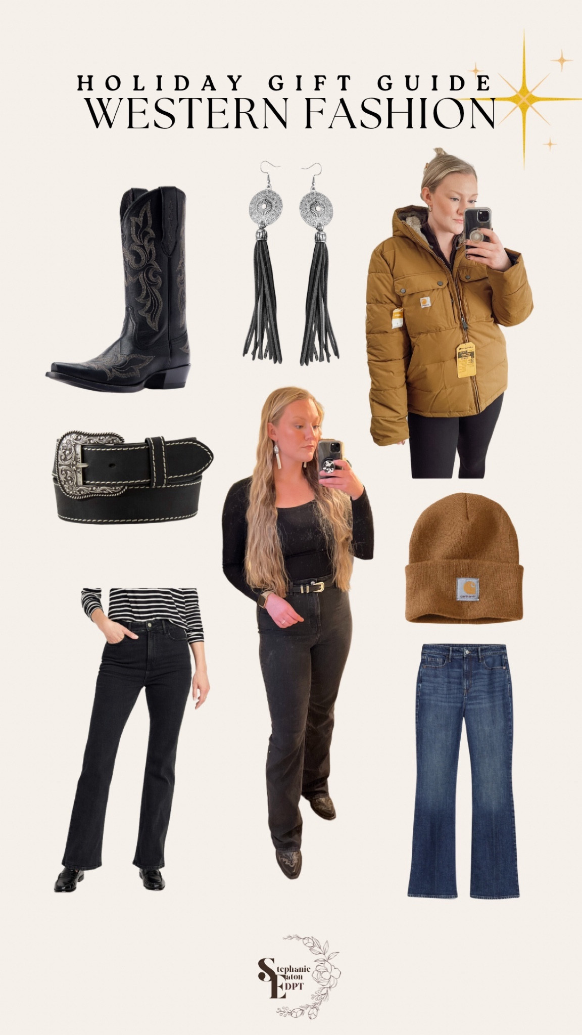 Women western wear basics for cozy season. 

Wearing 10 in Ariat boots; they are SO comfortable and don’t need breaking in.
Wear 10 tall in old navy jeans; they are such high quality, I sized up d/t these being a more rigid jean.

Wearing medium in Carhartt puffer jacket. 

#LTKGiftGuide #LTKHoliday #LTKSeasonal