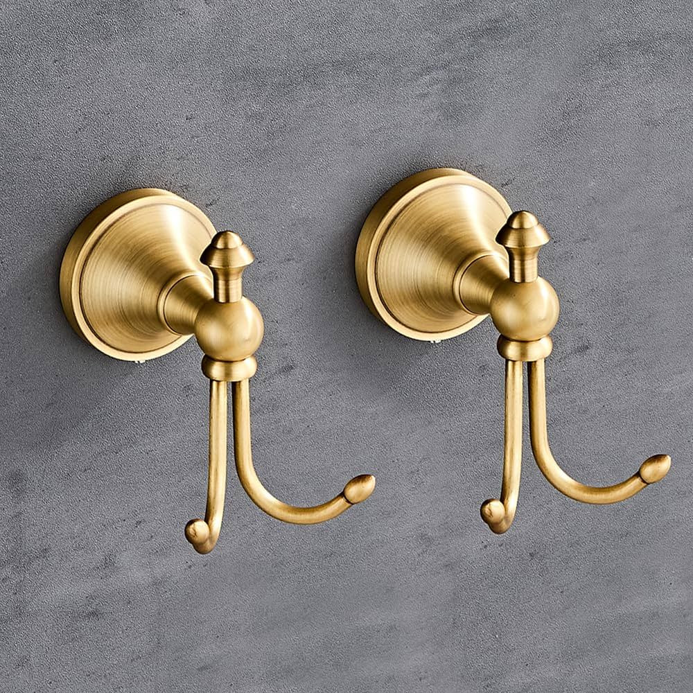 2 Pcs Pack Antique Brass Towel Hook Vintage Coat Hook with 2 Hooks Wall Mounted Robe Hooks for Ba... | Amazon (US)