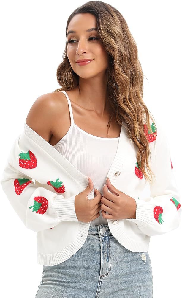 Women's V-Neck Knit Floral Pattern Cardigan Strawberries Embroidery Lantern Long Sleevee Cropped ... | Amazon (US)