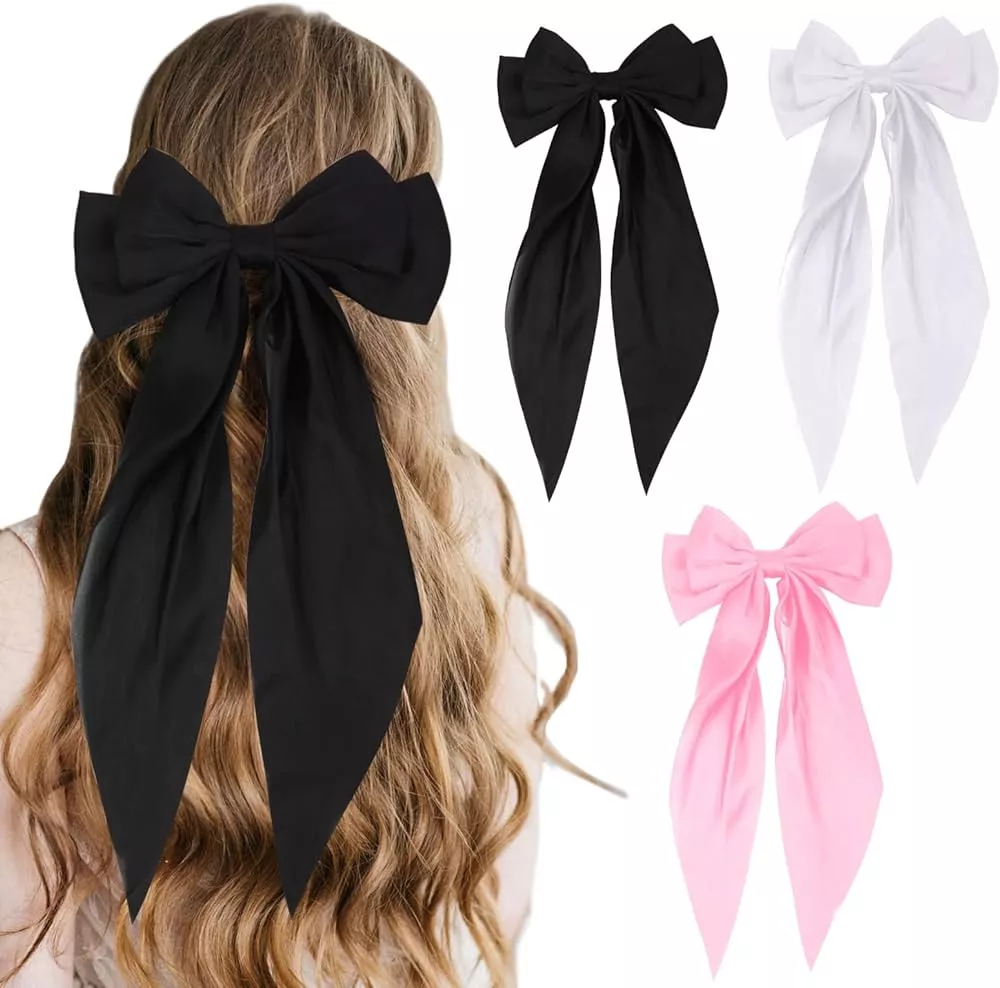 Furling Pompoms Bow Hair Clips with Long Tail 2pcs Hair Ribbon