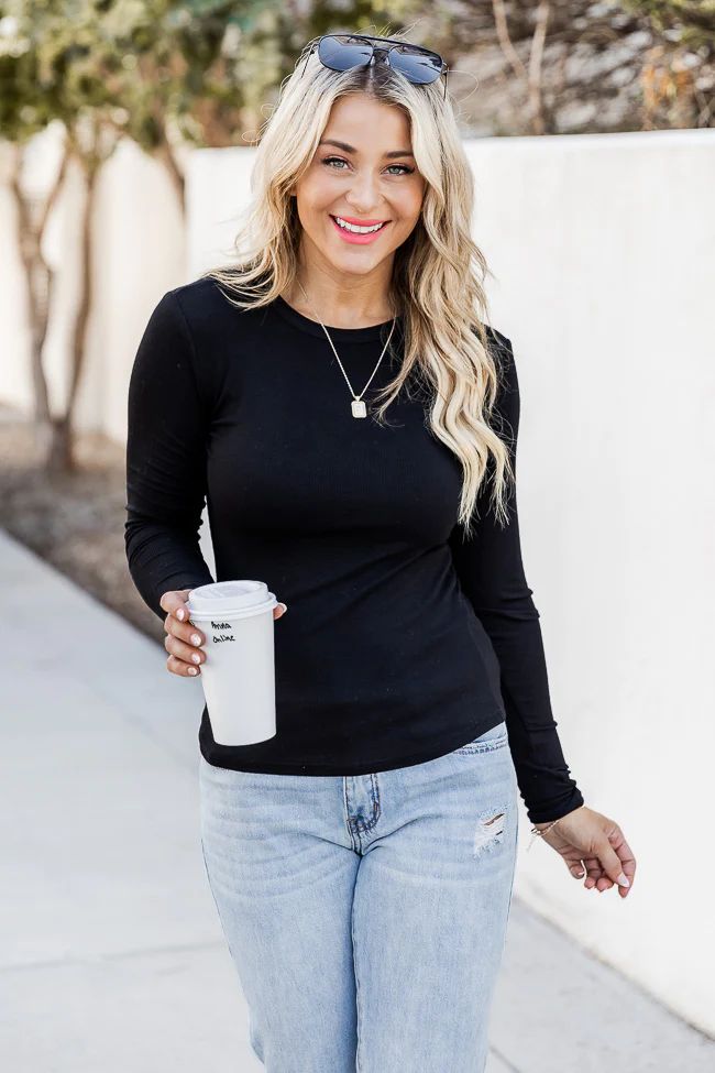 Breezy Fall Air Black Ribbed Long Sleeve Tee | Pink Lily
