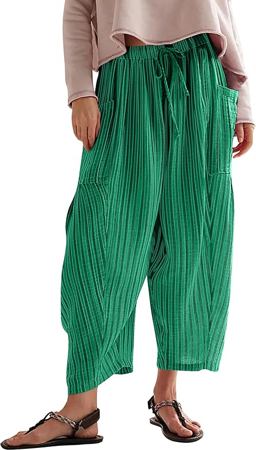 Women Summer Striped Harem Pants Casual Baggy Wide Leg Tapered Trousers Drawstring Waist Palazzo ... | Amazon (US)