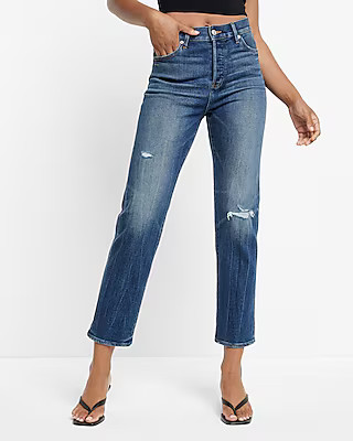 High Waisted Dark Wash Selvedge Straight Ankle Jeans | Express