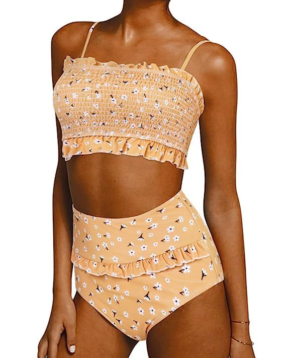SUUKSESS Women Cute Shirred Bandeau Bikini Sets Off Shoulder 2 Pieces Swimsuit | Amazon (US)