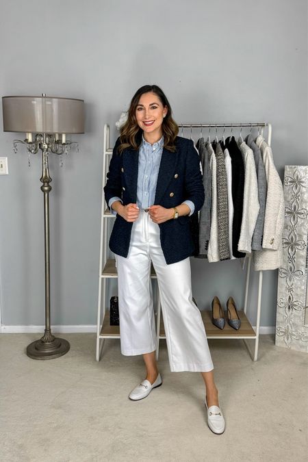 Preppy spring work outfit 💙🤍

Navy tweed blazer size small, TTS
Striped collar button up (linked similar)
White wide leg cropped pants size 2 curvy, TTS
White loafers size 6.5, fit smaller than black & nude stay TTS

Work wear 
Business Casual 
Office outfit 

#LTKSaleAlert #LTKWorkwear #LTKShoeCrush