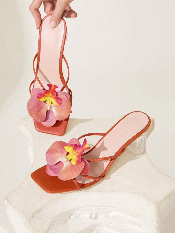 CUCCOO CHICEST Summer New Iris Flower Strap Criss-Cross Square Toe Clear Chunky Heel Elegant Casual Fashion Orange Faux Leather Women's High-Heeled Sandals Slippers Beach Shoes, Suitable For Afternoon Tea, Vacation, Beach, Hawaii Island Style | SHEIN