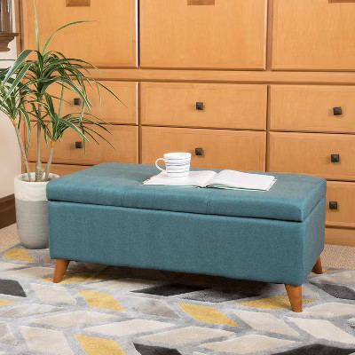 Okak Tufted Ainsley Button Ottoman with Storage, Storage Bench with Hinged Lid and Solid Wood Legs, Entryway Bench for Living Room, Bedroom, Teal | Target