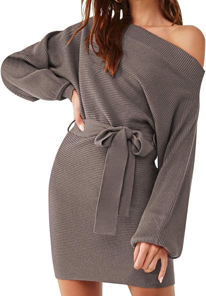 Meenew Women's Off Shoulder Long Sleeve Sweater Dress Tie Waist Mini Dress | Amazon (US)