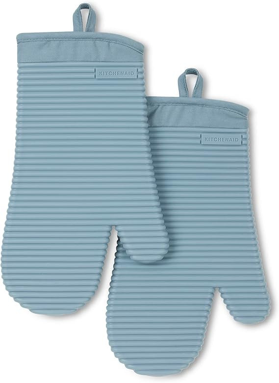 KitchenAid Ribbed Soft Silicone Oven Mitt 2-Pack Set, Fog Blue, 7.5"x13" | Amazon (US)