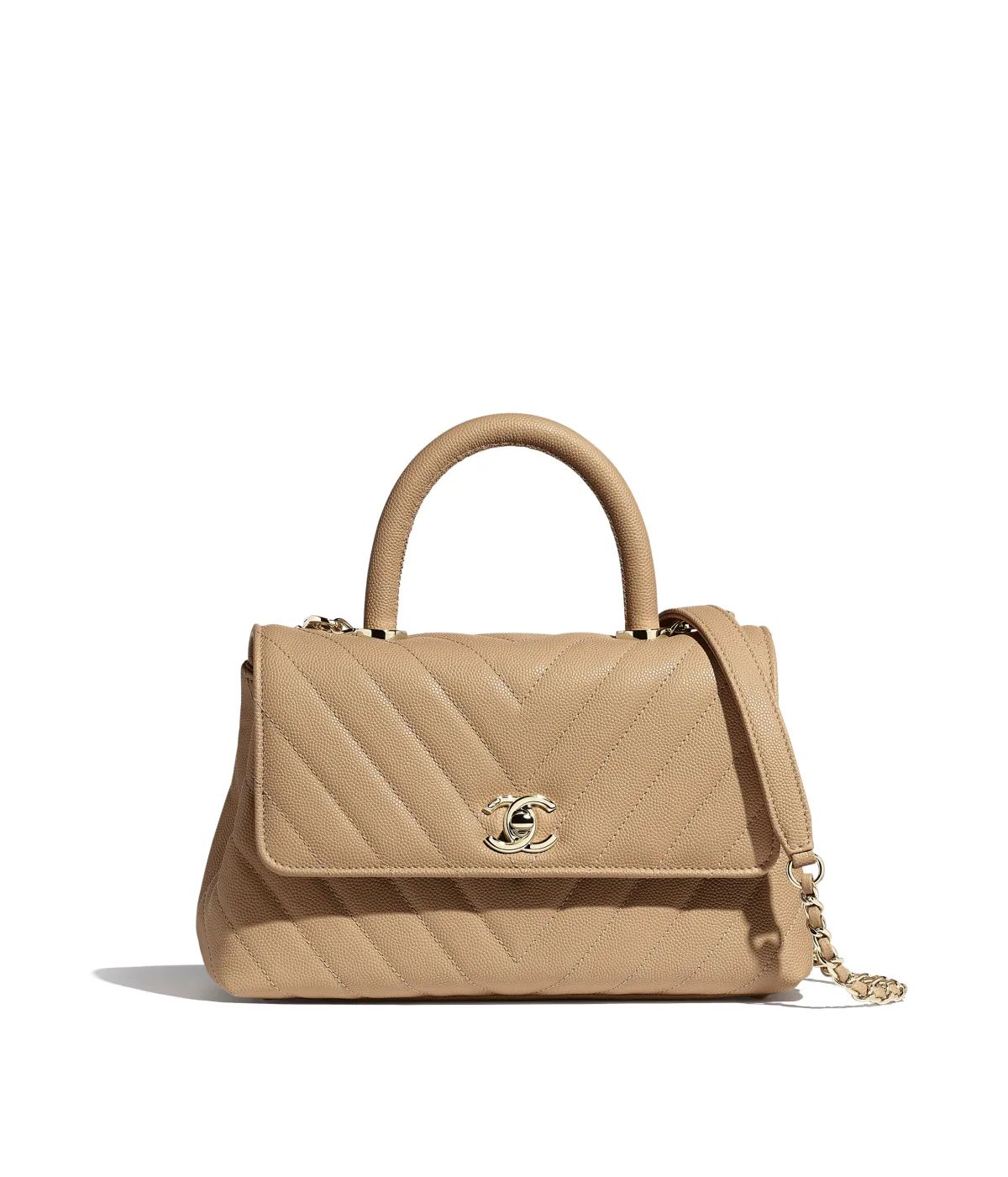 Small Flap Bag with Top Handle, grained calfskin & gold-tone metal, beige - CHANEL | Chanel, Inc. (US)
