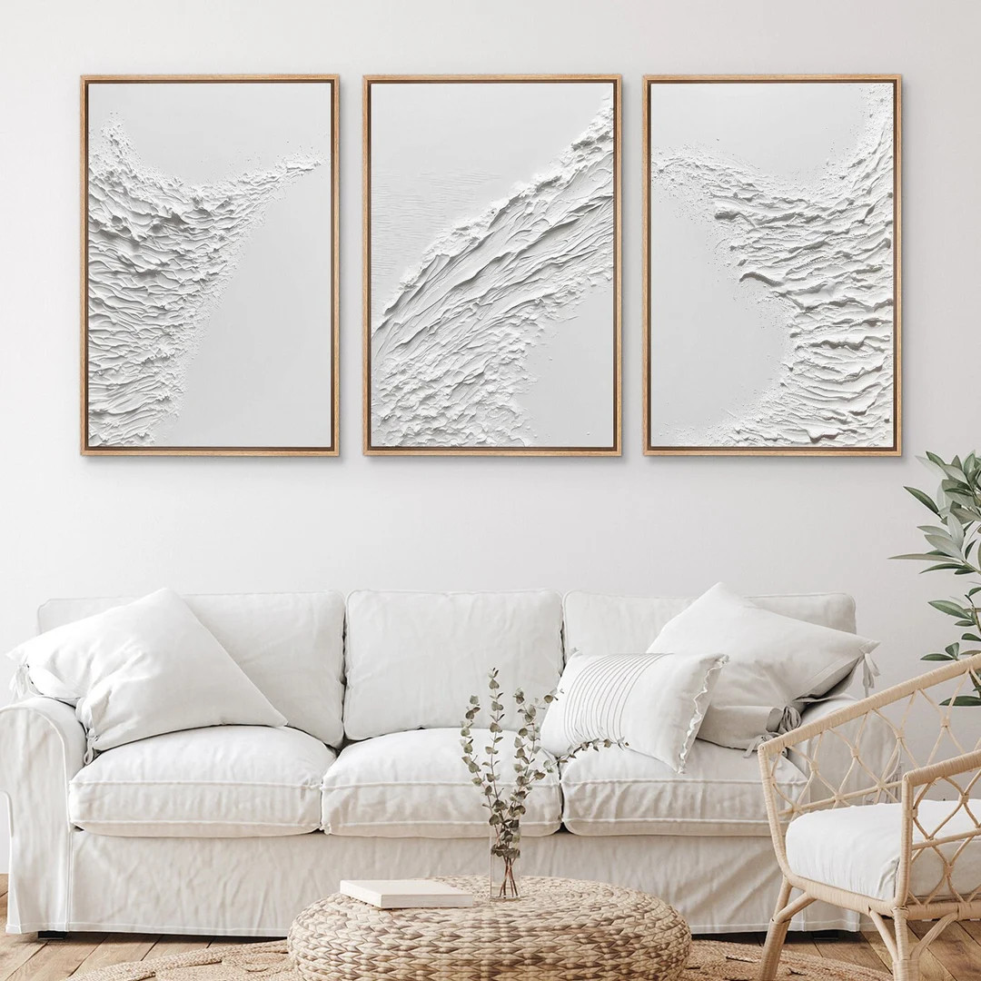 Framed Canvas Wall Art Set of 3 White Textured Effect Abstract Prints Modern Minimalist Wall Art ... | Etsy (US)