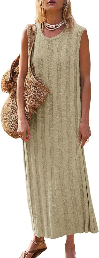 Fisoew Women's Summer Sleeveless Maxi Dress Scoop Neck Ribbed Knit Tank Top Dresses | Amazon (US)
