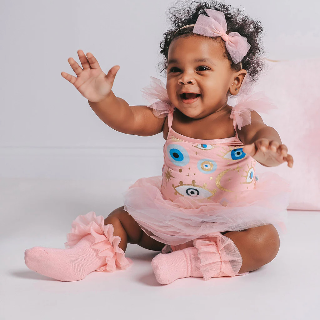 Evil Eye Pink Spaghetti Strap Baby Tulle Bodysuit | Posh Fiona | Posh Peanut